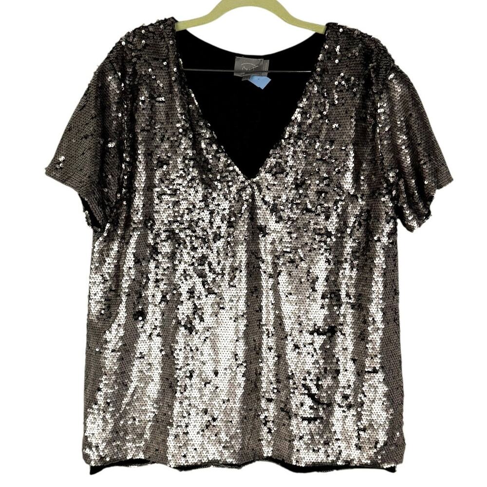 Vanessa Virginia Anthropologie Silver Sequin V-Neck Glam Lined Blouse Top‎ Large